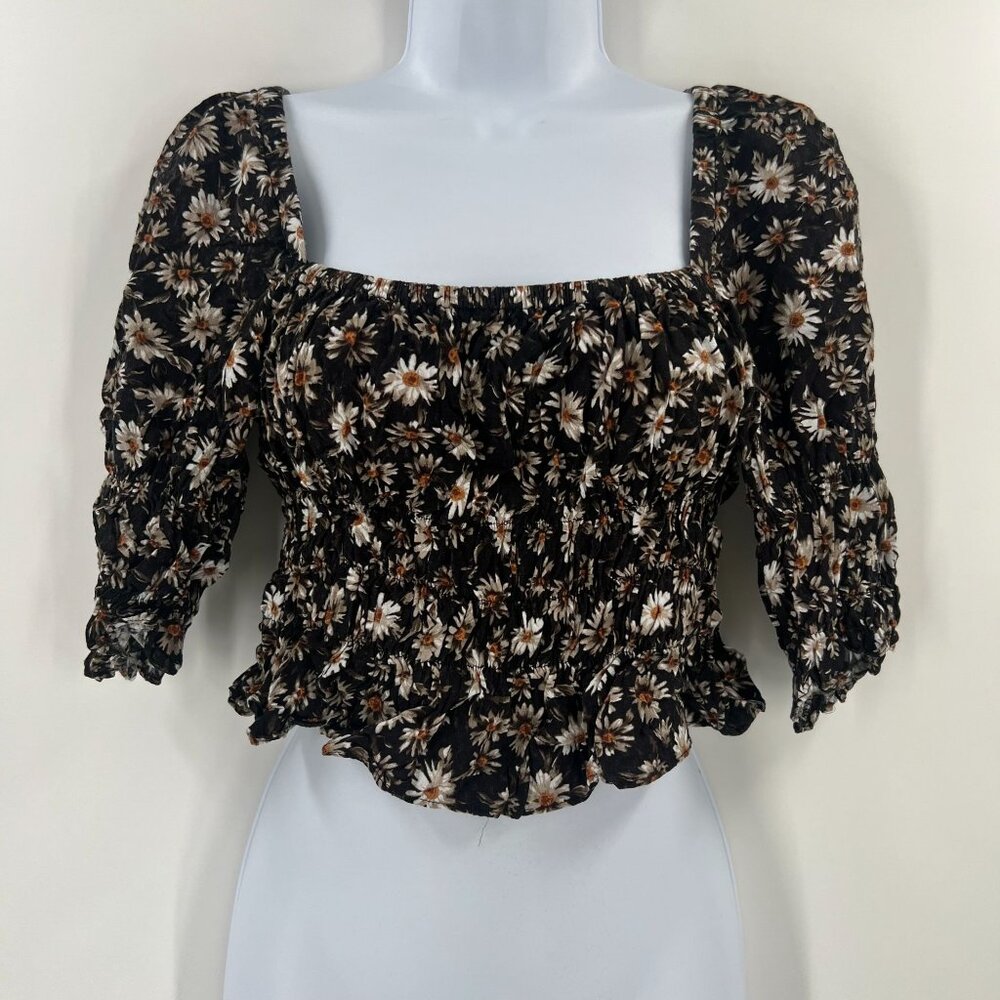 Urban Outfitters Black Floral Smocked Crop Top